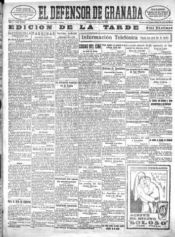 'El Defensor de Granada  : diario político independiente' - Año L Número 25700 Ed. Tarde - 1928 Mayo 26