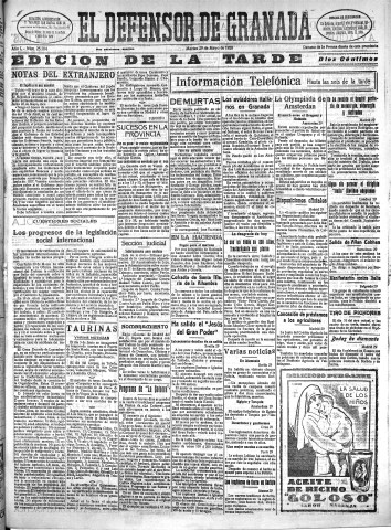 'El Defensor de Granada  : diario político independiente' - Año L Número 25704 Ed. Tarde - 1928 Mayo 29