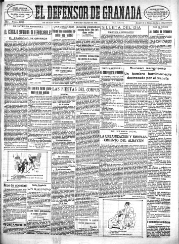 'El Defensor de Granada  : diario político independiente' - Año L Número 25717 Ed. Mañana - 1928 Junio 06