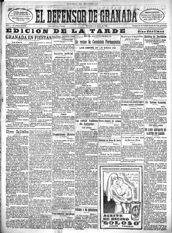 'El Defensor de Granada  : diario político independiente' - Año L Número 25718 Ed. Tarde - 1928 Junio 06