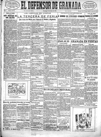 'El Defensor de Granada  : diario político independiente' - Año L Número 25723 Ed. Mañana - 1928 Junio 10
