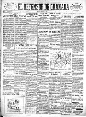 'El Defensor de Granada  : diario político independiente' - Año L Número 25725 Ed. Mañana - 1928 Junio 12