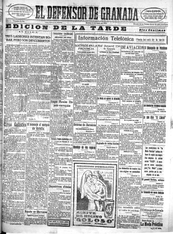 'El Defensor de Granada  : diario político independiente' - Año L Número 25726 Ed. Tarde - 1928 Junio 12