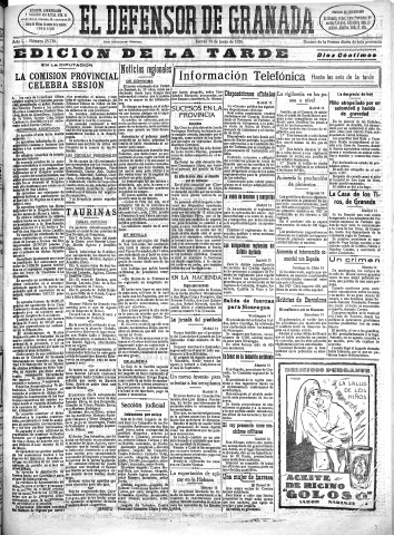 'El Defensor de Granada  : diario político independiente' - Año L Número 25730 Ed. Tarde - 1928 Junio 14