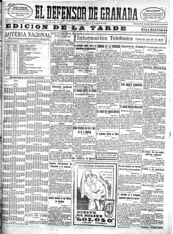 'El Defensor de Granada  : diario político independiente' - Año L Número 25742 Ed. Tarde - 1928 Junio 21