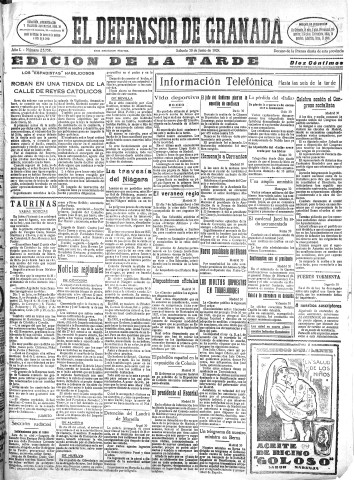 'El Defensor de Granada  : diario político independiente' - Año L Número 25758 Ed. Tarde - 1928 Junio 30