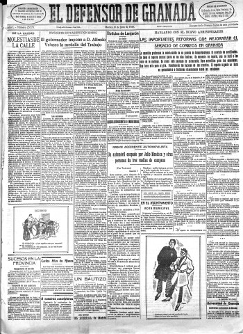 'El Defensor de Granada  : diario político independiente' - Año L Número 25773 Ed. Mañana - 1928 Julio 10