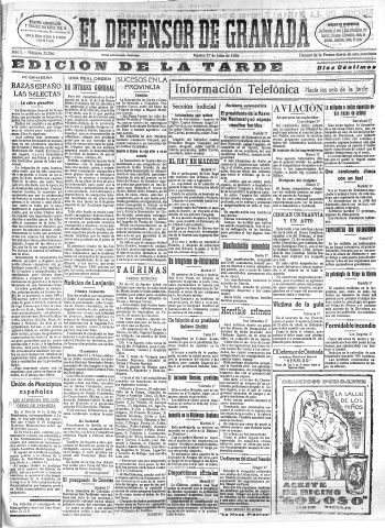 'El Defensor de Granada  : diario político independiente' - Año L Número 25786 Ed. Tarde - 1928 Julio 17