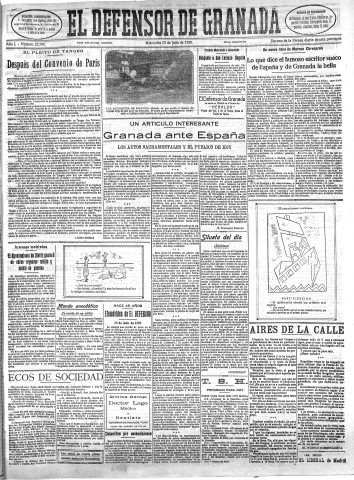 'El Defensor de Granada  : diario político independiente' - Año L Número 25799 Ed. Mañana - 1928 Julio 25