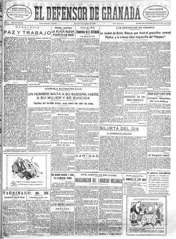 'El Defensor de Granada  : diario político independiente' - Año L Número 25813 Ed. Mañana - 1928 Agosto 02
