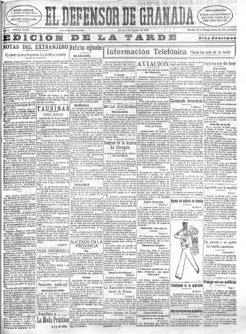 'El Defensor de Granada  : diario político independiente' - Año L Número 25814 Ed. Tarde - 1928 Agosto 02