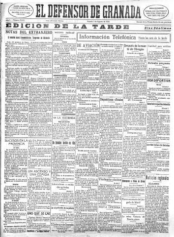 'El Defensor de Granada  : diario político independiente' - Año L Número 25815 Ed. Tarde - 1928 Agosto 03