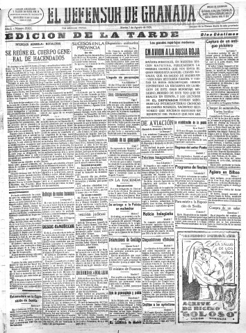 'El Defensor de Granada  : diario político independiente' - Año L Número 25821 Ed. Tarde - 1928 Agosto 07