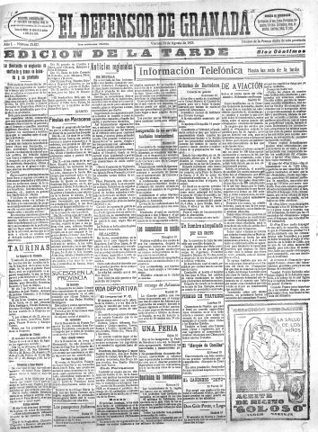 'El Defensor de Granada  : diario político independiente' - Año L Número 25827 Ed. Tarde - 1928 Agosto 10