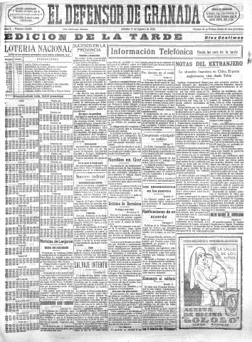 'El Defensor de Granada  : diario político independiente' - Año L Número 25829 Ed. Tarde - 1928 Agosto 11