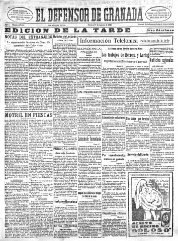 'El Defensor de Granada  : diario político independiente' - Año L Número 25839 Ed. Tarde - 1928 Agosto 17