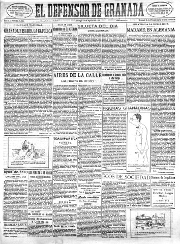 'El Defensor de Granada  : diario político independiente' - Año L Número 25842 Ed. Mañana - 1928 Agosto 19