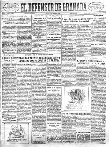 'El Defensor de Granada  : diario político independiente' - Año L Número 25844 Ed. Mañana - 1928 Agosto 21