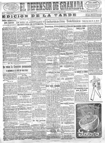 'El Defensor de Granada  : diario político independiente' - Año L Número 25847 Ed. Tarde - 1928 Agosto 22