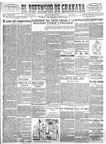 'El Defensor de Granada  : diario político independiente' - Año L Número 25848 Ed. Mañana - 1928 Agosto 23