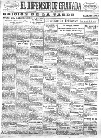 'El Defensor de Granada  : diario político independiente' - Año L Número 25849 Ed. Tarde - 1928 Agosto 23