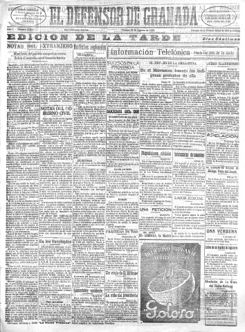 'El Defensor de Granada  : diario político independiente' - Año L Número 25851 Ed. Tarde - 1928 Agosto 24
