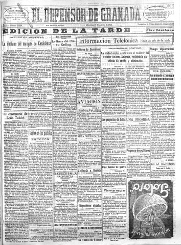 'El Defensor de Granada  : diario político independiente' - Año L Número 25859 Ed. Tarde - 1928 Agosto 29