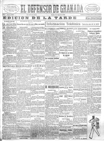 'El Defensor de Granada  : diario político independiente' - Año L Número 25863 Ed. Tarde - 1928 Agosto 31