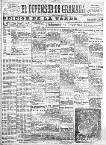 'El Defensor de Granada  : diario político independiente' - Año L Número 25865 Ed. Tarde - 1928 Septiembre 01