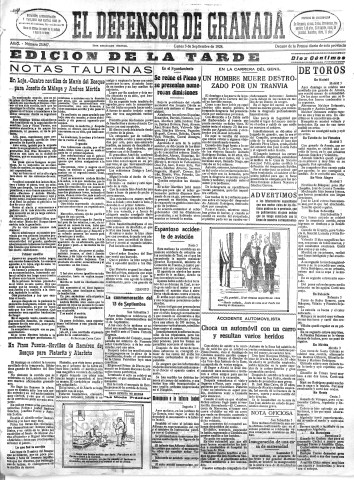 'El Defensor de Granada  : diario político independiente' - Año L Número 25867 Ed. Tarde - 1928 Septiembre 03