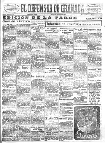 'El Defensor de Granada  : diario político independiente' - Año L Número 25869 Ed. Tarde - 1928 Septiembre 04