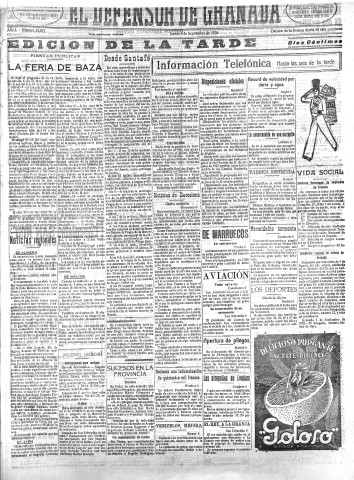 'El Defensor de Granada  : diario político independiente' - Año L Número 25873 Ed. Tarde - 1928 Septiembre 06