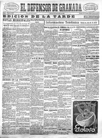 'El Defensor de Granada  : diario político independiente' - Año L Número 25877 Ed. Tarde - 1928 Septiembre 08