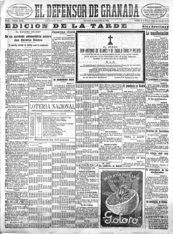 'El Defensor de Granada  : diario político independiente' - Año L Número 25881 Ed. Tarde - 1928 Septiembre 11