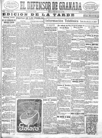 'El Defensor de Granada  : diario político independiente' - Año L Número 25883 Ed. Tarde - 1928 Septiembre 12