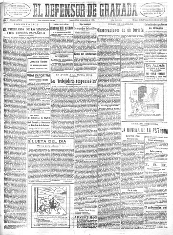 'El Defensor de Granada  : diario político independiente' - Año L Número 25896 Ed. Mañana - 1928 Septiembre 20