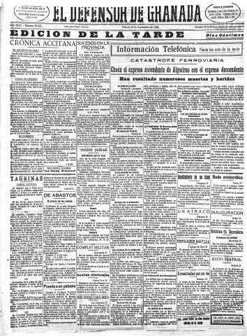 'El Defensor de Granada  : diario político independiente' - Año XLIX Número 25913 Ed. Tarde - 1928 Septiembre 29