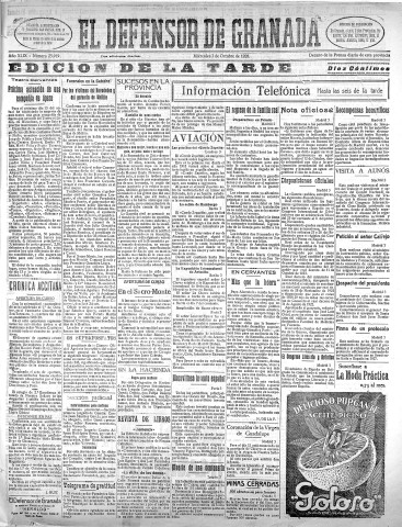 'El Defensor de Granada  : diario político independiente' - Año XLIX Número 25919 Ed. Tarde - 1928 Octubre 03