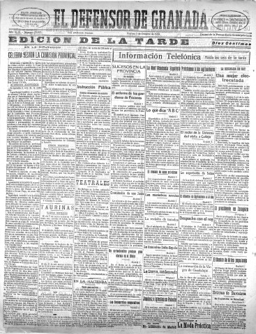 'El Defensor de Granada  : diario político independiente' - Año XLIX Número 25923 Ed. Tarde - 1928 Octubre 05