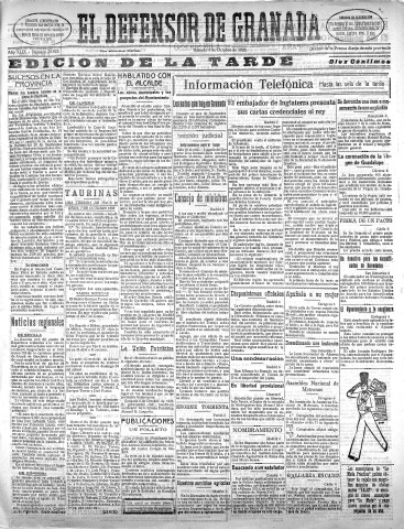 'El Defensor de Granada  : diario político independiente' - Año XLIX Número 25925 Ed. Tarde - 1928 Octubre 06