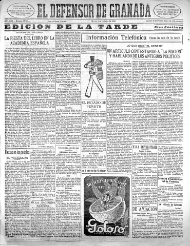 'El Defensor de Granada  : diario político independiente' - Año XLIX Número 25929 Ed. Tarde - 1928 Octubre 09