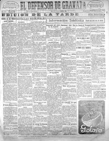 'El Defensor de Granada  : diario político independiente' - Año XLIX Número 25931 Ed. Tarde - 1928 Octubre 10