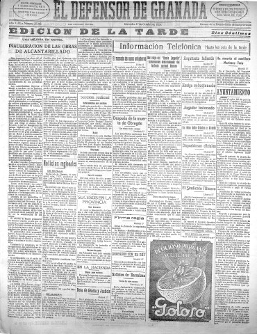 'El Defensor de Granada  : diario político independiente' - Año XLIX Número 25943 Ed. Tarde - 1928 Octubre 17