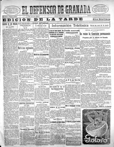'El Defensor de Granada  : diario político independiente' - Año XLIX Número 25945 Ed. Tarde - 1928 Octubre 18