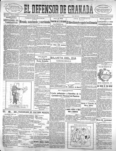 'El Defensor de Granada  : diario político independiente' - Año XLIX Número 25948 Ed. Mañana - 1928 Octubre 20
