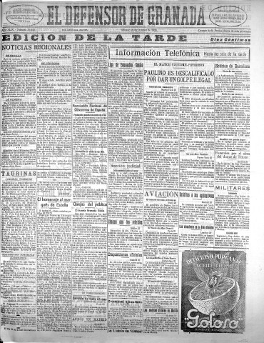 'El Defensor de Granada  : diario político independiente' - Año XLIX Número 25949 Ed. Tarde - 1928 Octubre 20