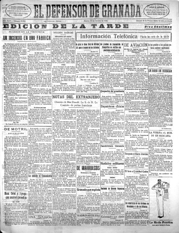 'El Defensor de Granada  : diario político independiente' - Año XLIX Número 25965 Ed. Tarde - 1928 Octubre 30
