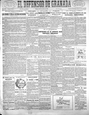 'El Defensor de Granada  : diario político independiente' - Año XLIX Número 25976 Ed. Mañana - 1928 Noviembre 06