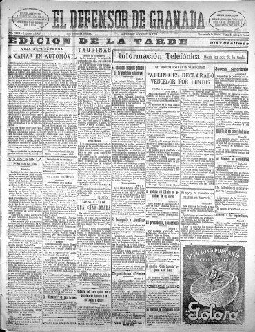 'El Defensor de Granada  : diario político independiente' - Año XLIX Número 25977 Ed. Tarde - 1928 Noviembre 06