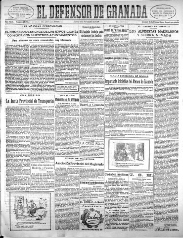 'El Defensor de Granada  : diario político independiente' - Año XLIX Número 25980 Ed. Mañana - 1928 Noviembre 08